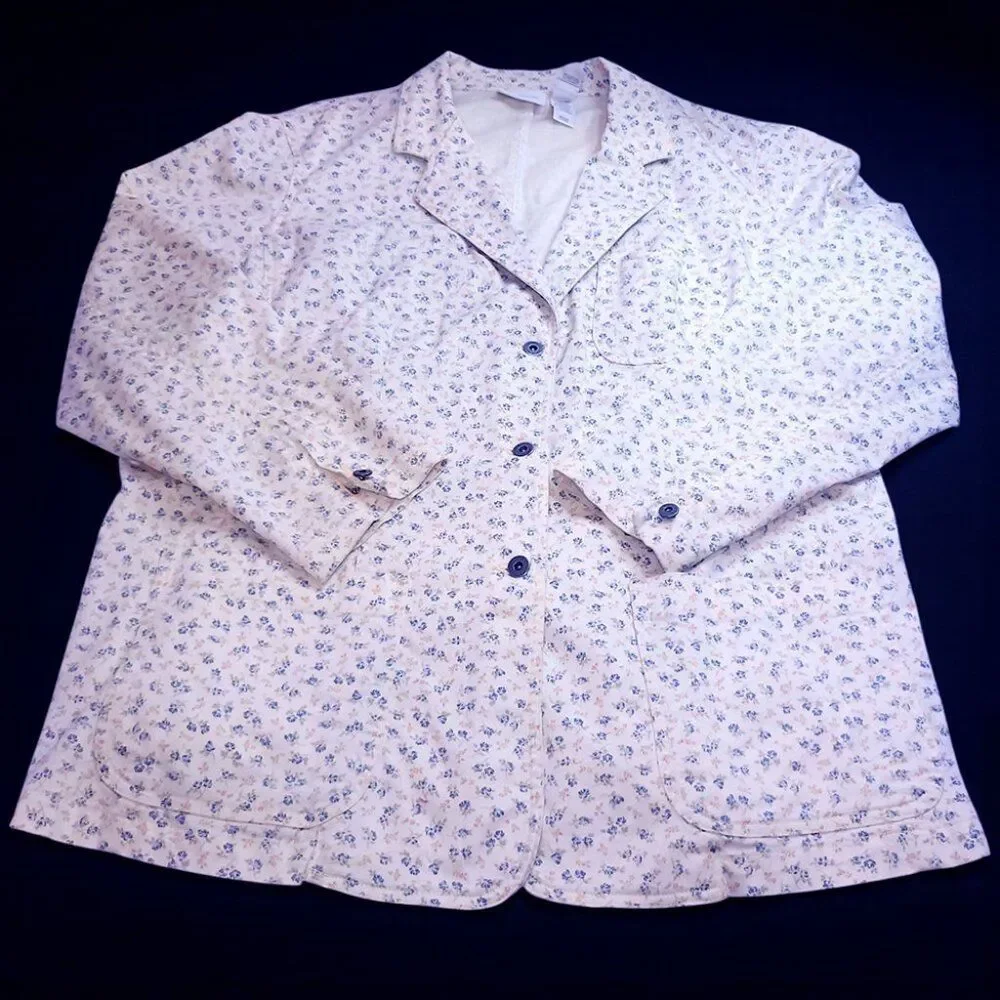 Liz Claiborne Woman Light Cream Blue Print Floral Blazer Jacket